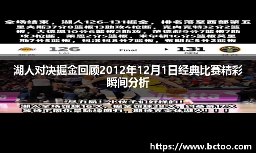 湖人对决掘金回顾2012年12月1日经典比赛精彩瞬间分析